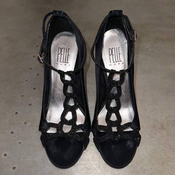 PELLE MODA BLACK SATIN HEELS W/ CRYSTALS - Picture 3 of 11